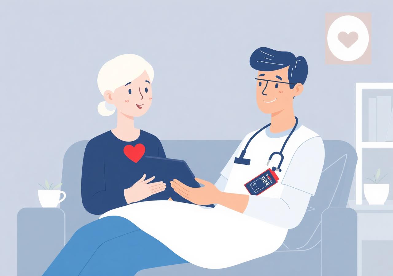 A cardiology team member reviewing a home heart-monitoring guide with a patient